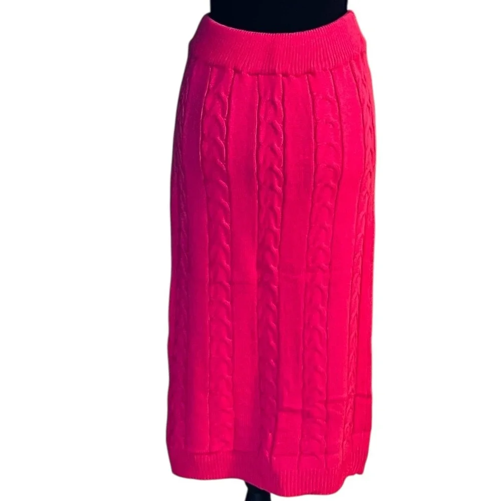 Pink Cable Knit Midi Sweater Skirt M Elastic Waist Ribbed‎ Pencil